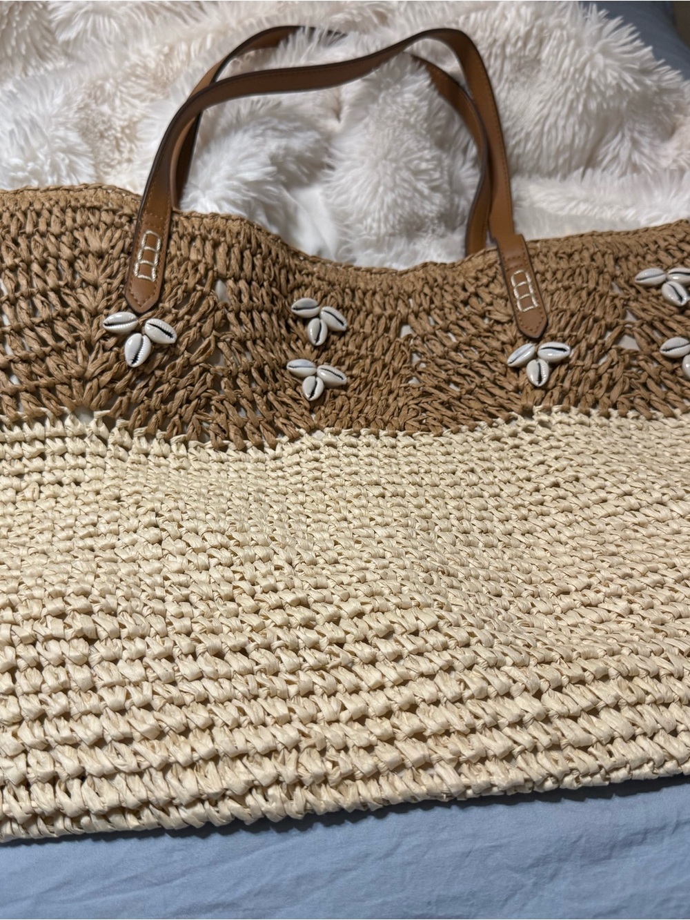 INC International Concepts Two-Tone Woven Shell Tote - Tan & Cream